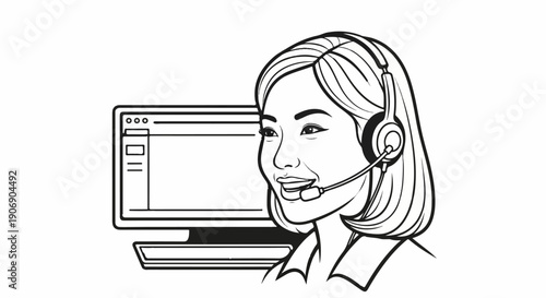 Friendly person wearing headset and smiling in front of a computer screen