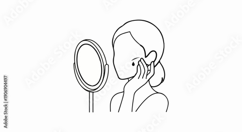 Line art of person applying cream with mirror