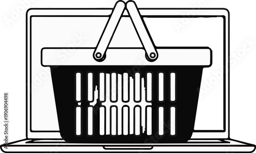 Laptop screen displays shopping basket icon