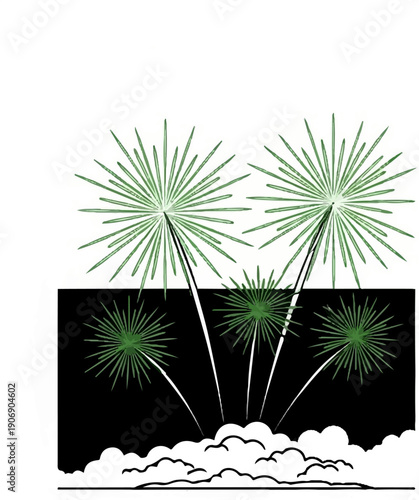 Green bursts of fireworks explode against a dark night sky and clouds