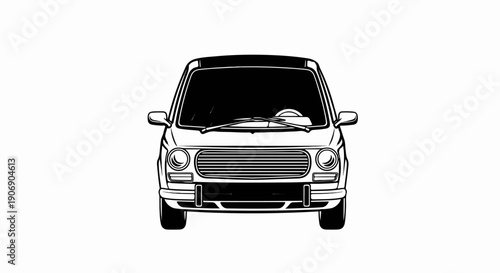 Front view of a vintage car in black and white line art style