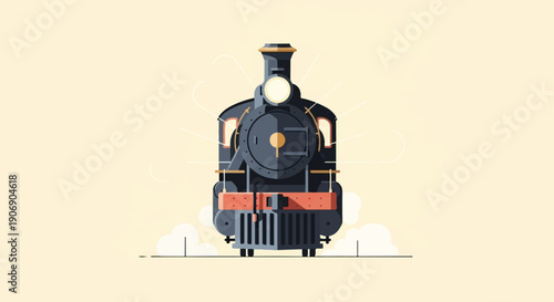 Front view of a vintage steam locomotive with smoke plumes and soft ambient light