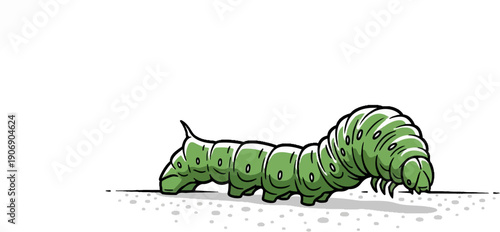 Green cartoon caterpillar crawling on a speckled surface