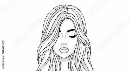 Line art portrait of a woman with long, wavy hair and closed eyes