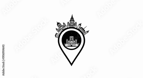 Iconic cityscape within a location pin, featuring neoclassical architecture