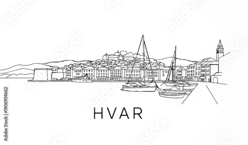 Line art sketch of a coastal town with sailboats docked in a harbor