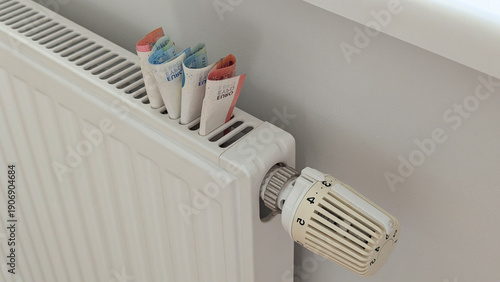 Wallpaper Mural Euro cash on radiator frames turmoil around heating bills, turmoil spreads across Europe, high cost of living, recession fears, energy security campaigns. Torontodigital.ca