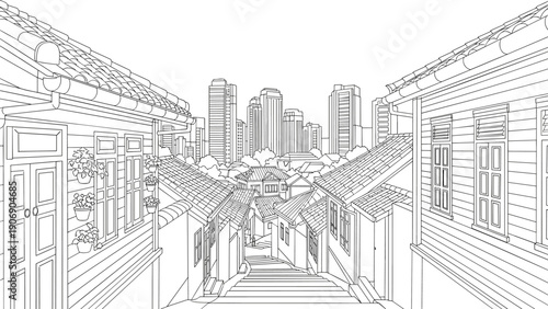Urban meets traditional: linear illustration of modern city skyline and historic alley