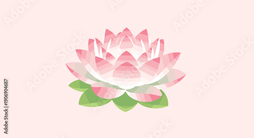 A delicate pink and white lotus flower with layered petals and green leaves floats gracefully, centered on a soft pastel pink background.
