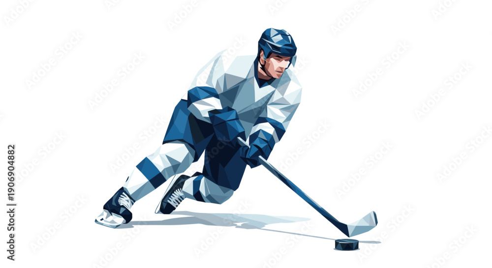 Fototapeta premium Abstract polygonal hockey player in motion, skating with stick and puck. Isolated on white for flexible use. Suitable for sports content, branding, design elements.