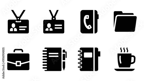 Office icons set: silhouette style for modern workplace essentials
