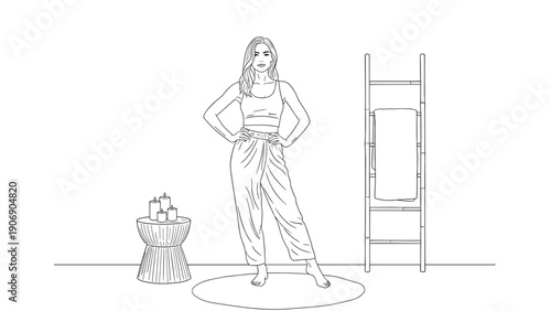 Woman in comfortable outfit posing at home next to ladder and candles in minimalist line art