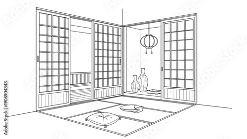 Linear interior design of japanese room with shoji doors and lantern