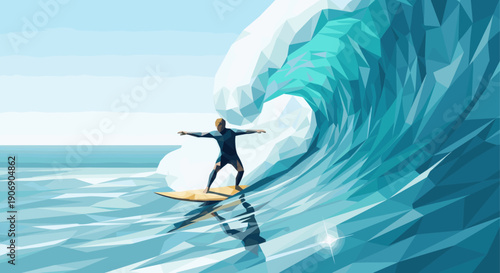 An abstract, low poly style illustration of a surfer riding a big turquoise wave. Suitable for posters, websites, or any beach-themed design.