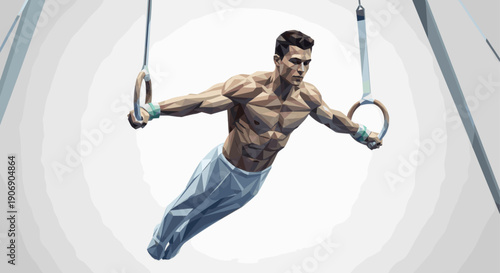 Low poly illustration of a strong gymnast performing on rings against a bright white background. Could be used for athletic or motivational content.