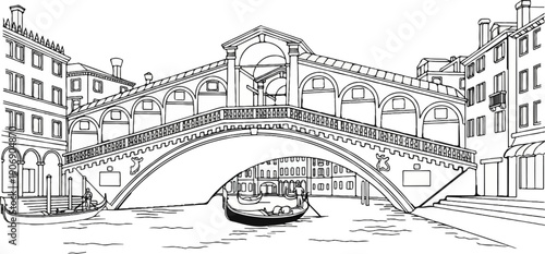 Iconic arched bridge with gondolas on canal, Venetian architecture