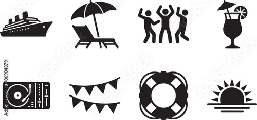 Vacation Icons: A collection of simple vacation themed icons, including a cruise ship, beach chair with umbrella, dancing figures, cocktail, dj turntable, bunting, life ring, and sunrise.