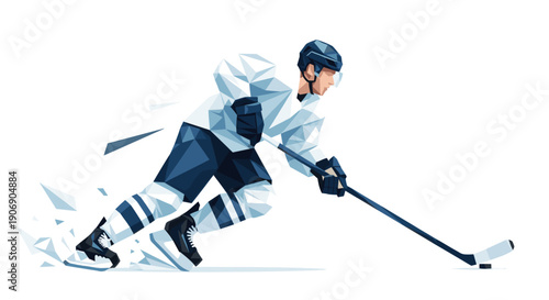 Modern low poly illustration of a hockey player skating with a puck. Great for sports design, team logos, branding, infographics, and advertising hockey events.
