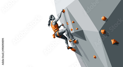 Abstract polygonal illustration of a female climber on an indoor climbing wall. Great for athletic, fitness, and lifestyle concepts with a modern, digital aesthetic.
