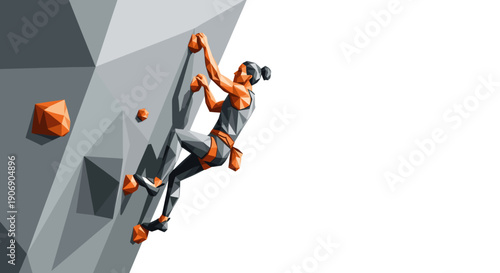 Abstract polygonal illustration of a woman rock climbing. Modern and eye-catching, suitable for illustrating topics such as fitness, determination, or climbing gear.