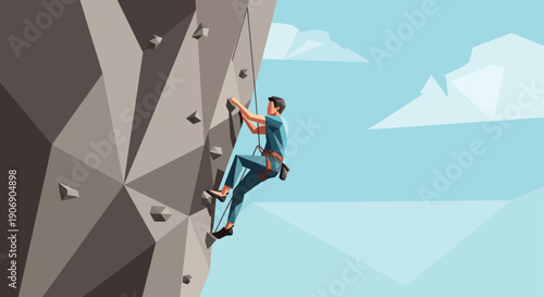 Vector illustration of a rock climber scaling a craggy cliff. Suitable for adventure, outdoors, and business concepts.