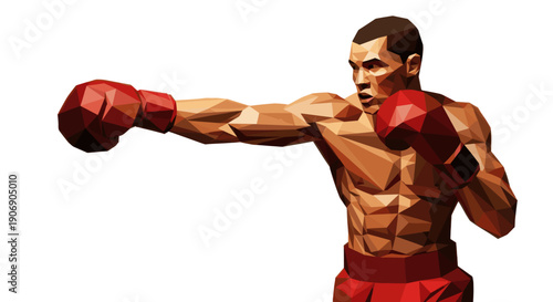 Geometric low poly illustration of a boxer throwing a punch. Perfect for designs needing a modern, abstract sports visual. Use for website banners or editorial illustration.