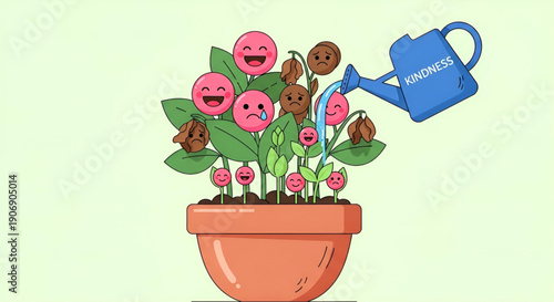 Cute pixel art plant with happy faces and watering can vector