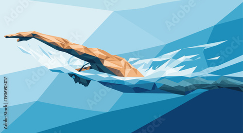 Geometric low poly illustration of a swimmer in motion. Perfect for sports, fitness, or abstract design projects. Strong composition and vibrant colors.