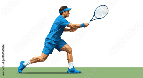 Low-poly illustration of a tennis player hitting a forehand. Blue uniform, dynamic pose, isolated on white with green court line. Good for sports, health, design concepts.