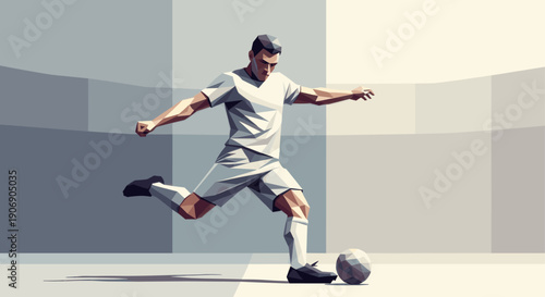 Low poly vector illustration of a soccer player in motion, kicking a ball. Modern, abstract style for sports, fitness, design, or promotional projects.