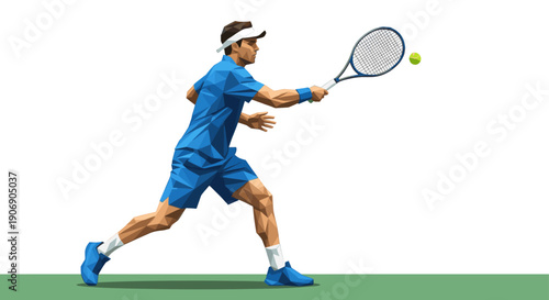 Abstract polygonal vector illustration of a tennis player hitting a tennis ball. Ideal for sports, fitness, and design concepts. Isolated on white background for easy use.