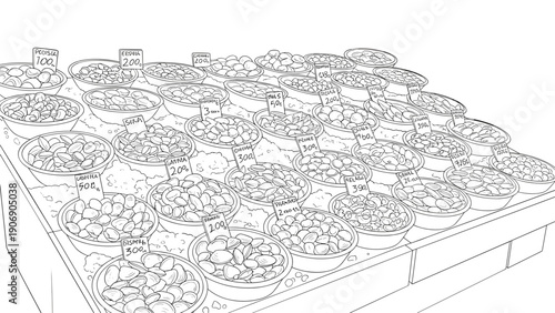 Hand drawn market stall with nuts and seeds - outline style