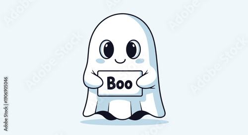 A lovable, simplified white cartoon ghost with big expressive eyes holds a rectangular white sign that reads Boo in clear black font on a clean light gray background.