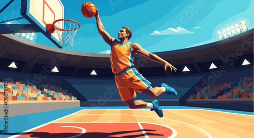 A basketball player dunking in a stylized arena, full of spectators. Suitable for sports, teams, competitions, and athletic achievement designs.