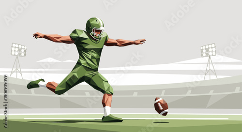 Stylized illustration of a football player kicking the ball on a field. Low poly design, perfect for sports graphics, posters, or website design elements.