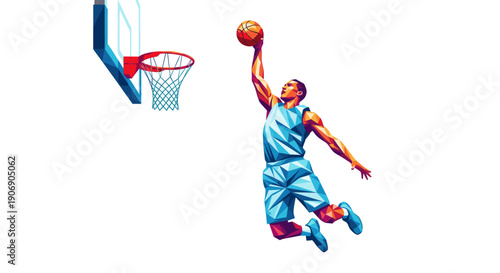 Low polygon illustration of a basketball player dunking the ball. Suitable for sport, design, and creative projects with dynamic, modern, and eye-catching visuals.