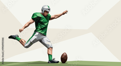 Geometric illustration of a football player about to kick the ball. Low poly style. Could be used for sports, design, or team-related projects.