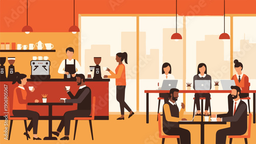 Illustration of a coffee shop with people interacting, working, and drinking beverages