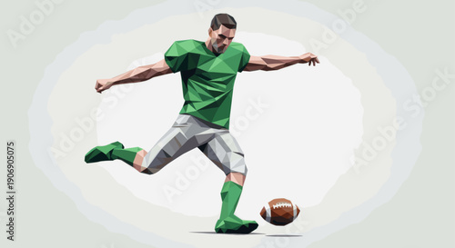 Low poly illustration of football player kicking a ball. Graphic design for sport related content. Athlete in green uniform in action isolated on white.