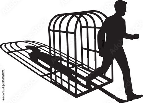 Man running away from a birdcage with a person inside