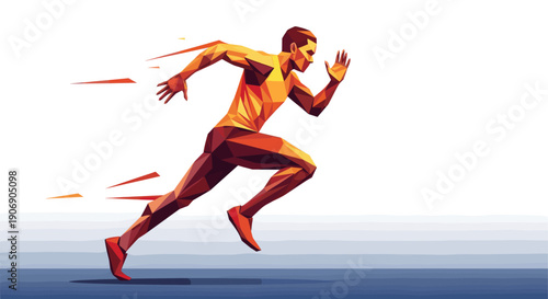 Abstract polygonal illustration of a man running, showcasing speed and dynamic motion. Ideal for fitness, sports, technology, and progress themes.
