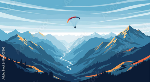 Minimalist style illustration of a paraglider soaring over a majestic mountain range with a winding river. Suitable for travel, adventure, or inspirational themes.