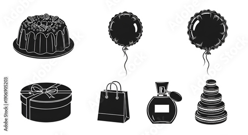 Party and celebration icons set with cake balloons and gifts vector