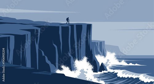 Vector illustration of a lone hiker standing on a cliff edge, gazing out at the ocean and crashing waves. Perfect for travel, adventure, or environmental themes.