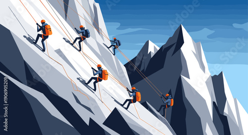 A stylized illustration of a group of mountain climbers scaling a snow-covered mountain peak. Ideal for representing teamwork, challenge, adventure, or overcoming obstacles.