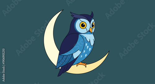 A stylized cartoon blue owl with piercing yellow eyes and intricate feather patterns, perched calmly on a large yellow crescent moon against a dark teal background.