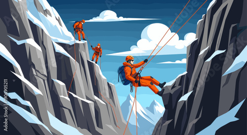 Three mountain climbers rappelling down snowy peaks, illustration. Suitable for adventure, teamwork, extreme sports, or outdoor themes. Vector graphic with a clean, bold style.
