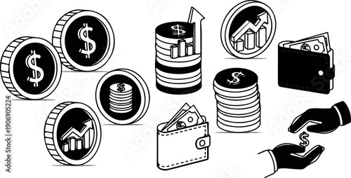 Icon set illustrating financial concepts like coins, wallets, and stock growth charts