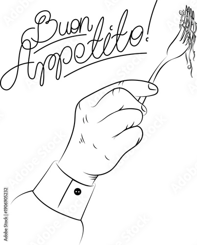 Italian hand gesture with fork and spaghetti. Buon Appetito lettering for restaurant.