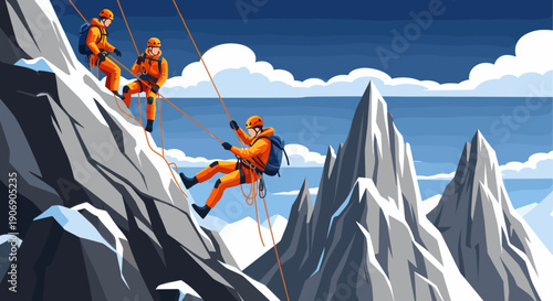 Illustration of three mountain climbers rappelling down a snowy mountain. Ideal for adventure, teamwork, and outdoor recreation concepts.